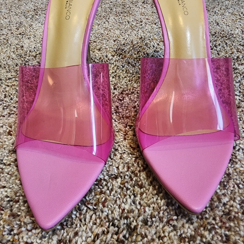 Women's Pink Clear Strap Stiletto Slide Heel - Picture 3 of 10